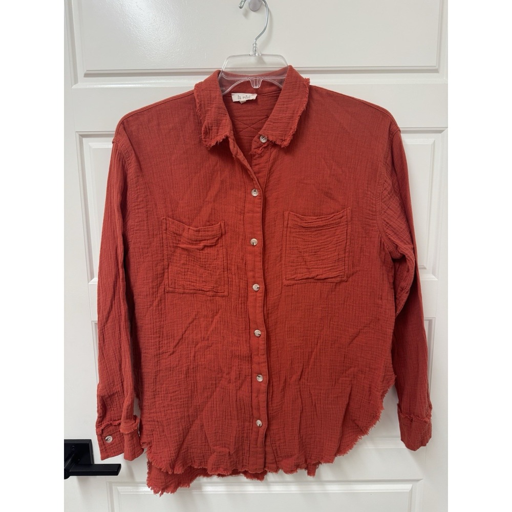 La Miel Gauze Shirt Top Large Burnt Orange Fringed Button Up Lagenlook Boho